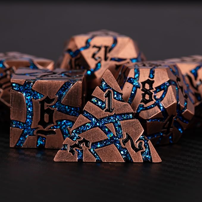 Dice Set D&D Dungeons and Dragons Dice D20 Metal DND Dice Set with Box, Polyhedral Role Playing Dice D12 D10 D% D8 D6 D4 for MTG RPG Board Games(Antique Copper Bright Blue)