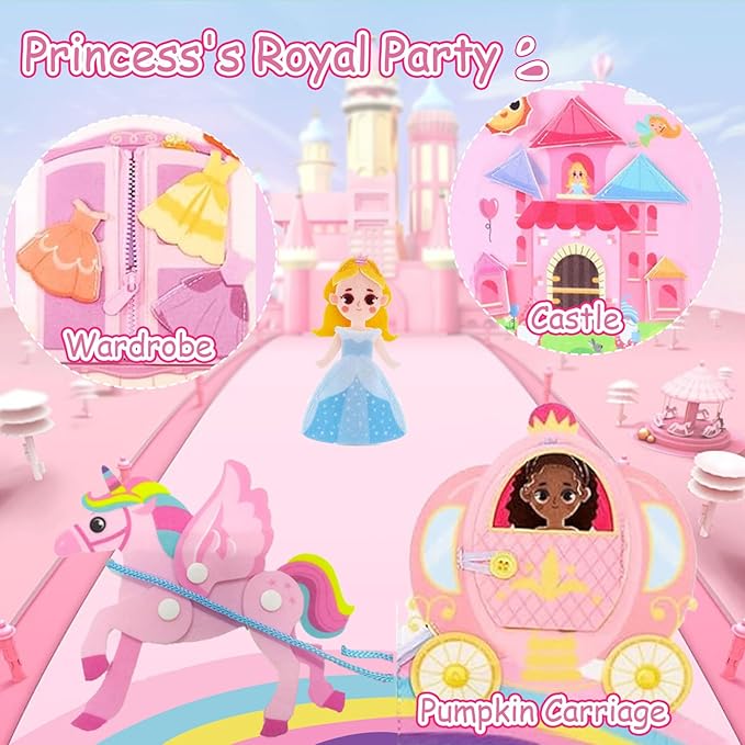 Busy Book for Toddlers 1-3, Princess Busy Board Toys for Girls, Montessori Preschool Learning Role Play Toy Book for Kids
