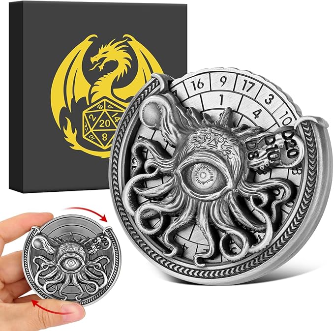 Spinner DND Dice Set, 7-in-1 Metallic D&D Dice, One-Eyed Octopus Roulette Dice Spinner for DND Dice Set, D&D Gifts with Gift Box, Role Playing Game Board Game Accessories, Dark Silver