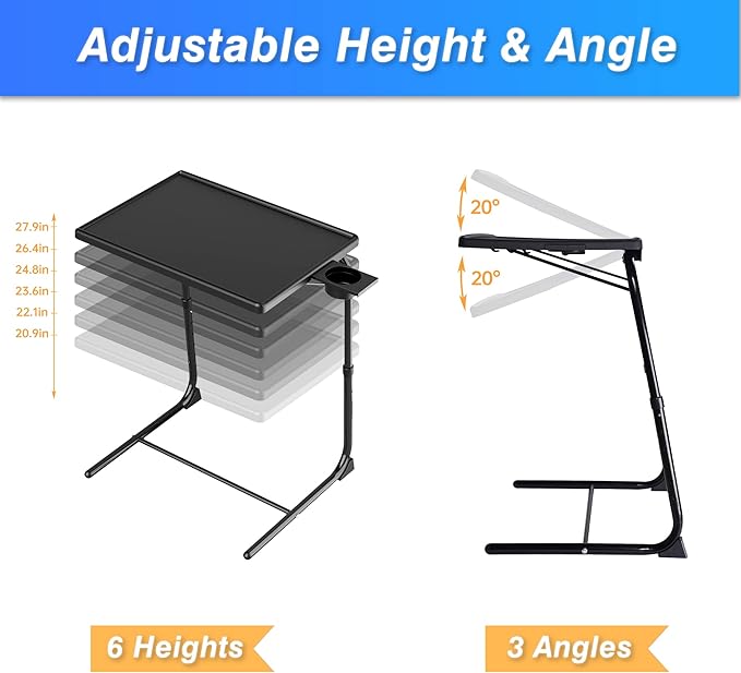 Allpop TV Tray Table, Adjustable TV Dinner Tray for Eating, Folding Laptop Table with 6 Heights & 3 Tilt Angles, Cup Holder on Couch & Bed, Black