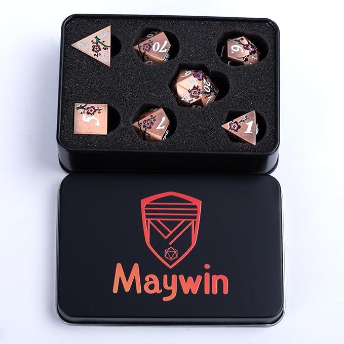Glitter Purple DND Metal Dice, Flower Metal DND Dice Set with Gift Case for Dungeons and Dragon,7PCS Solid Metal Dice Tabletop Game (Antique Red Copper-Red)
