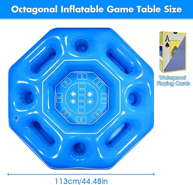 Octagonal Inflatable Game Table with Waterproof Playing Cards, Inflatable Pool Bar Games for Adults, Floating Portable Bar Table Tray for Hot Tub or Pool Beach Party