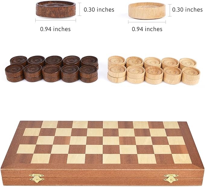 VAMSLOVE 15inch Checkers Folding Wooden Game Set, 100 Square Checkerboard International Checkers Draughts Board 10x10 for Kids with Pieces Storage Slots (Instructions Included)