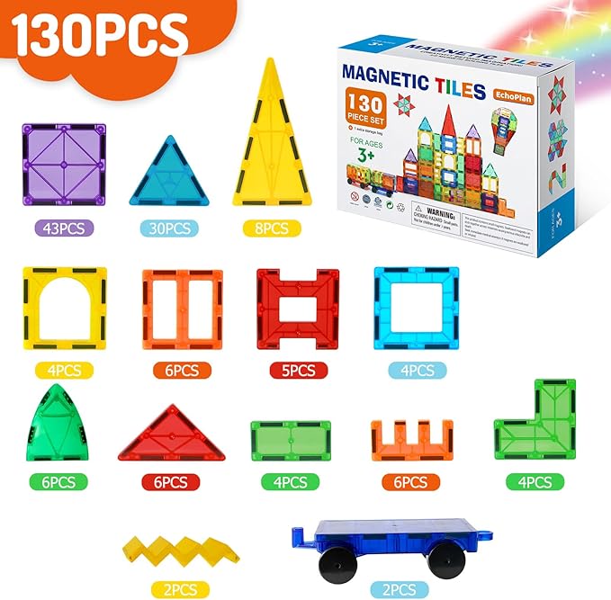 EchoPlan Magnetic Tiles, 130PCS Magnetic Blocks with 2 Cars, Magnet Tiles 3D Clear Building Blocks Set, STEM Sensory Educational Toys Gift for Toddlers Kids Boys 3 4 5 6 7 8 9+ Year Old
