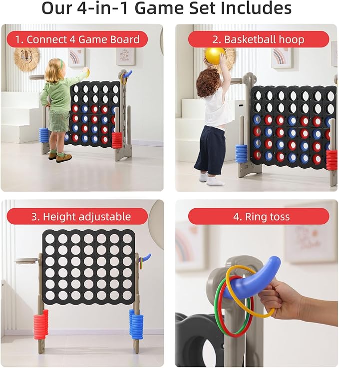 UNICOO® Height Adjustable Jumbo 4-to-Score Game, 4 in A Row Game with Basketball Hoop, Ring Toss, Carrying Bag, Indoor Outdoor Yard Game, Parties & Family Gatherings