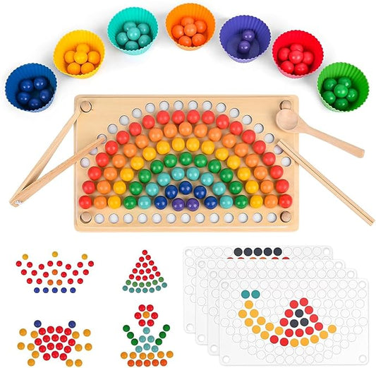 Toddler Wooden Learning Montessori Toys for 4 Year Old – Wooden peg Board Bead Game Baby Rainbow Stacking Matching Counting Color Sorting Games for fine Motor Math Skills Boys and Girls
