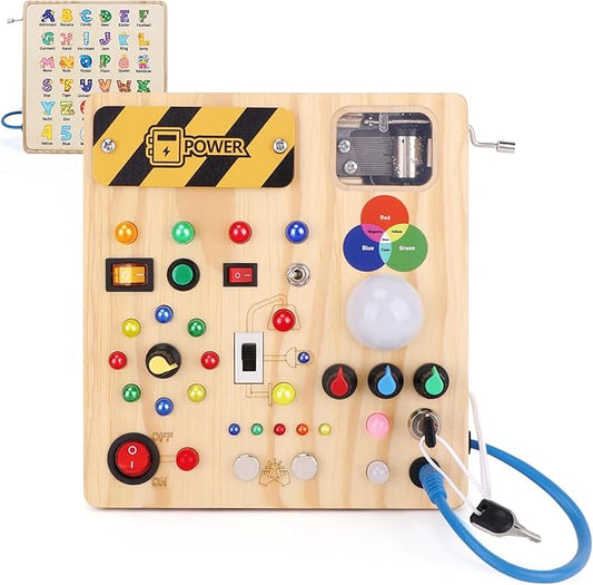 Busy Board,Montessori Toys for 1-3 Years Old, Wooden Toddler Toys, Autism Sensory Travel Toy, Ideal Gift for 1+ Year Old Boys (Busy Board v4)