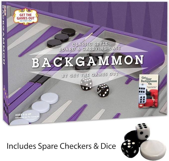 Get The Games Out Top Backgammon Set - Small Travel Size Classic Board Game Case - Best Strategy & Tip Guide (Purple, Small)