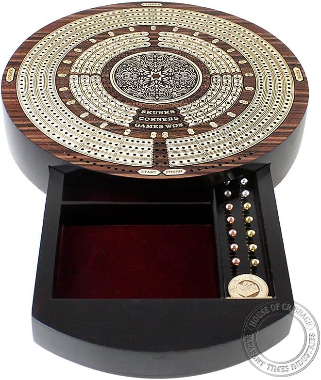 10" Round Shape 4 Tracks Continuous Cribbage Board - Rosewood/Maple - Push Drawer with Score Marking Fields for Skunks, Corners & Won Games