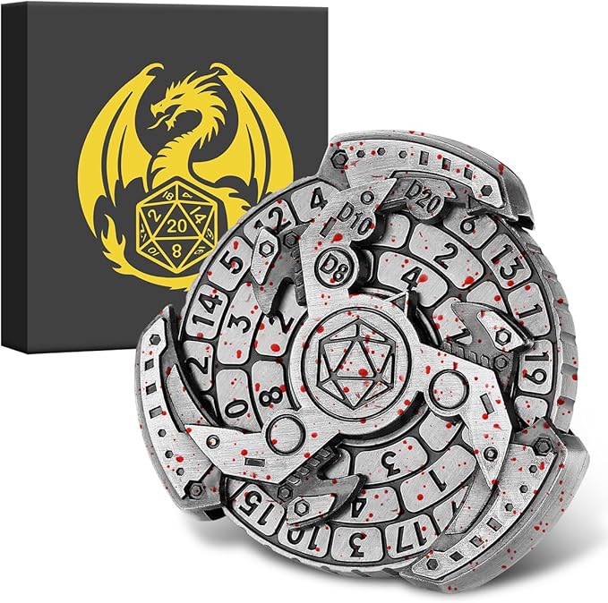 Spinner DND Dice Set, 7-in-1 Fingertip Gyro Metallic D&D Dice, Roulette Dice Spinner for DND Dice Set, D&D Gifts with Gift Box, Role Playing Game Board Game Accessories, Silver with Red Dots