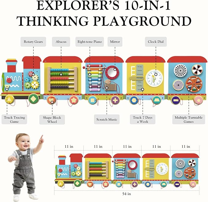 Train Activity Wall Busy Board Panels, Montessori Sensory Toys, Train Sensory Wall Panel for Kids, Wooden Learning Toys, Educational Toy for Toddler Playroom & Children's Daycare