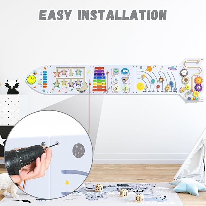 Rocket Sensory Wall Panel for Kids - Montessori Toddler Activity Board, Busy Board Panels, Wall Toys for Toddlers 3, Activity Cube, White Grey