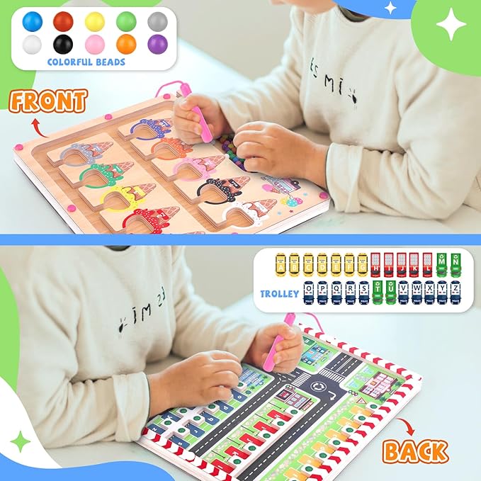 2 in 1 Magnetic Color and Number Maze,Montessori Toy for 3-6 Years Old,Wooden Magnet Balls Puzzles,Toddler Busy Board Game,Preschool Learning Activities,Christmas & Birthday Gift for Kids