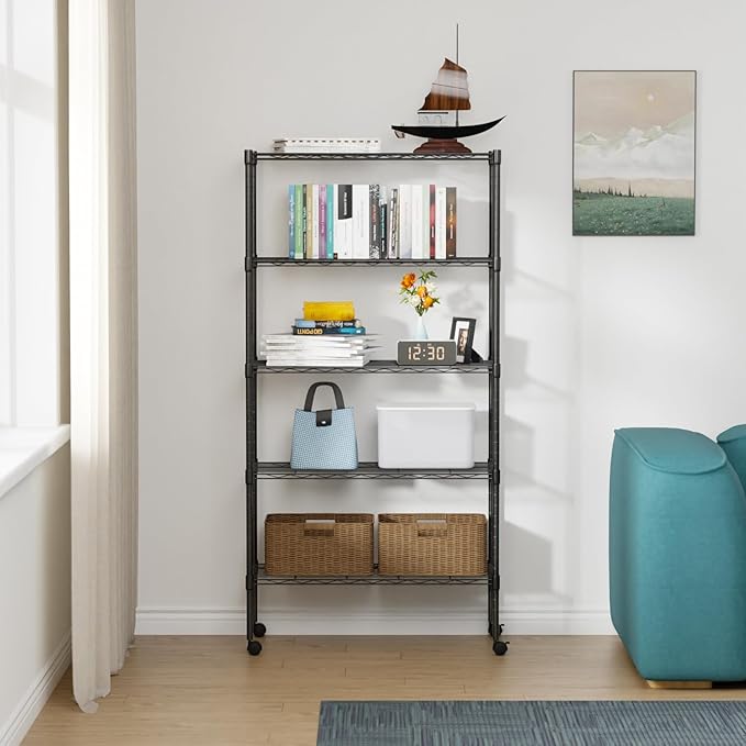 FDW Adjustable Storage Shelves 5-Tier Wire Shelving Unit Heavy Duty Metal Shelves with Wheels 14”Dx30”Wx61”H Storage Shelf Rack for Home Kitchen Commercial, Black
