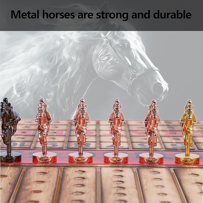 Large 21 inches Horse Racing Board Game with 11 Luxury Metal Horses Thickened Wood Horse Race Game Board with 2 Sets of Dice,2 Boxes of Cards and 100 Poker Chips for Parties and Gambling