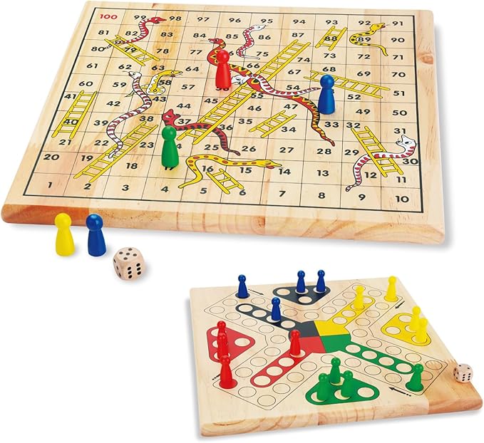 Wooden Classic 2 in 1 Snakes and Ladders Board Game for Kids 12 Inch Ludo Chutes and Ladders Board Game Classic Family Game Set for Toddlers