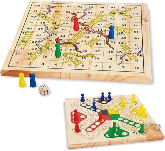 Wooden Classic 2 in 1 Snakes and Ladders Board Game for Kids 12 Inch Ludo Chutes and Ladders Board Game Classic Family Game Set for Toddlers