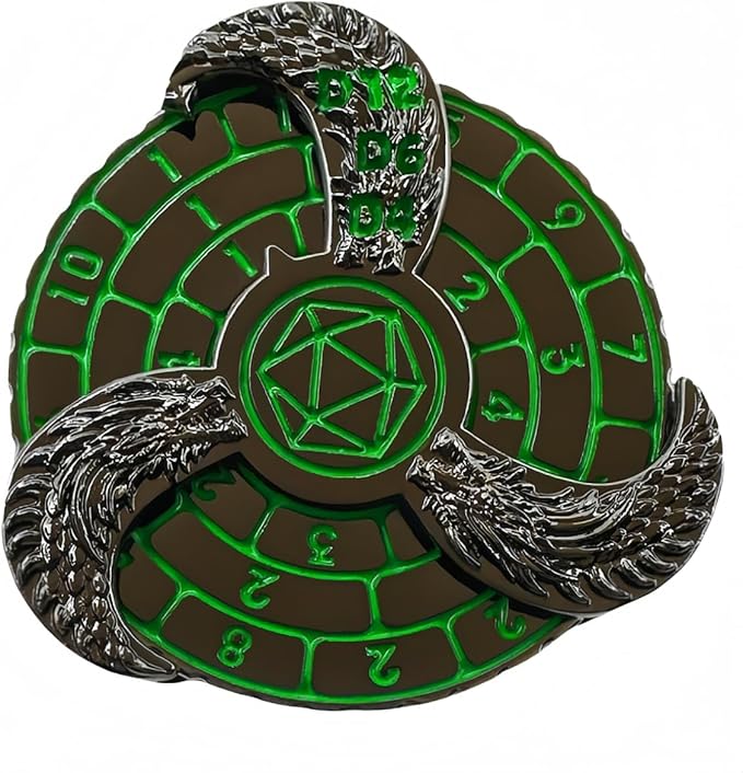 D&D Themed Fidget Spinner, dice Spinner, D4,D6, D8, D10, D12,D20,D% 7-in-1 Metal dice, Perfect for D&D Dungeons and Dragons, RPG and Pathfinder Role Playing Games (Green)