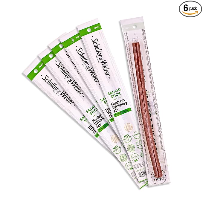 Schaller & Weber Hudson Whiskey Salami Sticks, 0.85 Oz (Pack of 6) | Smoked Salami with NY Whiskey | German Style Smoked Sausage Sticks | Gluten Free Protein Snack