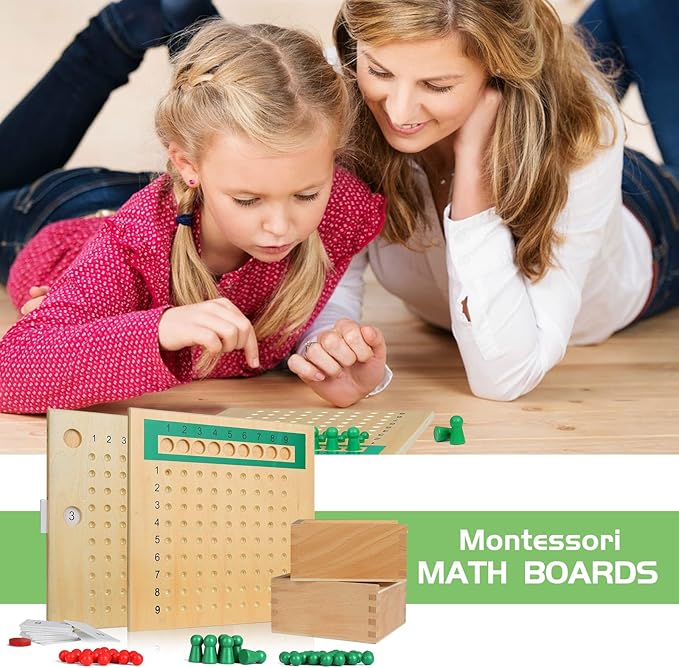 YHZAN Montessori Math Material Multiplication and Division Board Game Bead Boxed Arithmatics Wooden Math Manipulatives for Homeschool Classroom Kids Educational Toy