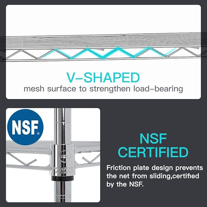 48" D×18" W×82" H Wire Shelving Unit Metal Shelf with 6 Tier Casters Adjustable Layer Rack Strong Steel for Commercial Restaurant Garage Pantry Kitchen Garage,Chrome