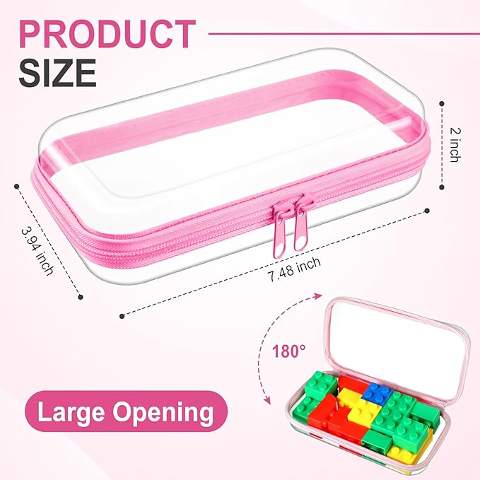 Hoolerry 4 Pcs Hard Clear Zipper Case Transparent Cases for Snacks Makeup Bag Plastic Storage Box Containers for Building Blocks, Puzzles, Cosmetics(Pink,7.5 x 3.9 x 2 in)