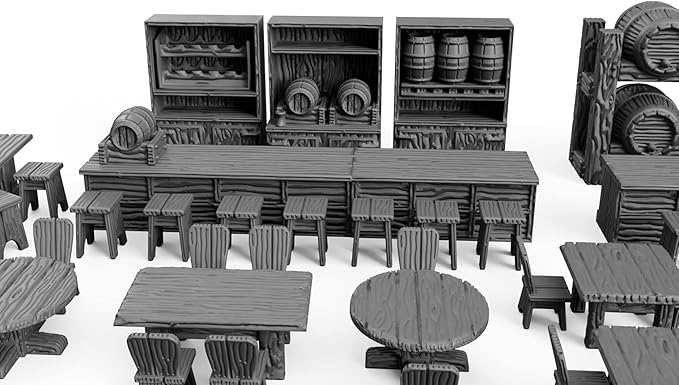 Tavern Bar Furniture Set DND Terrain 28mm for Dungeons and Dragons, Pathfinder, Warhammer 40k, RPG, Miniatures, Age of Sigmar, Tabletop, D and D Gifts