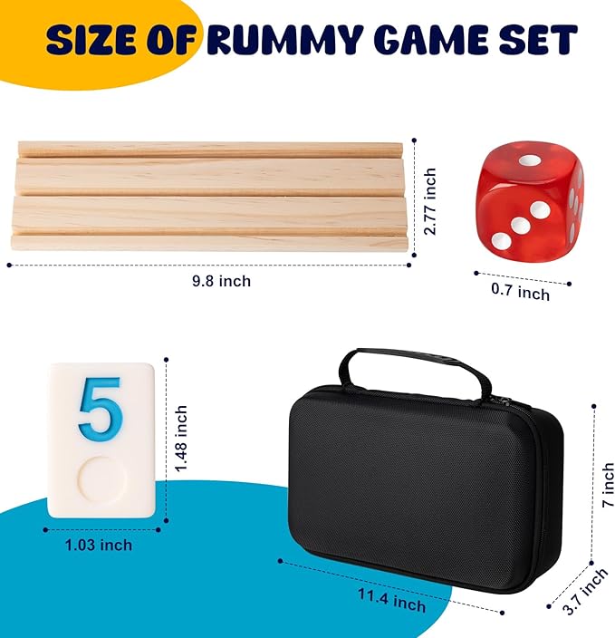 Rummy Cube 6 Player with 6 Wooden Racks, 160 Tiles, Portable Travel Game Set for Family Game Night, Travel Case, Drawstring Bag