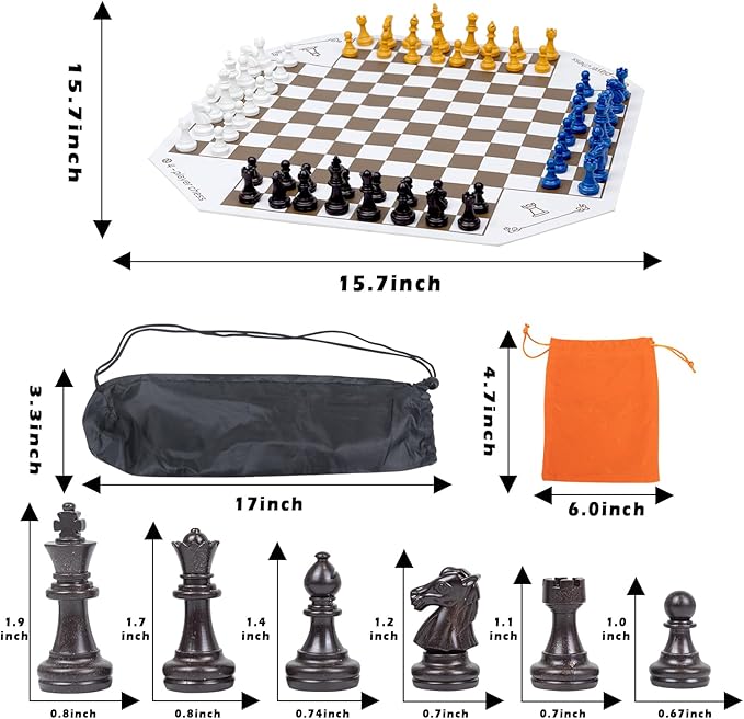 3 or 4 Player Chess Board Game Set,64 Pieces Colorful Chess,Chess Game for Team Chess with a Leather Game Mat