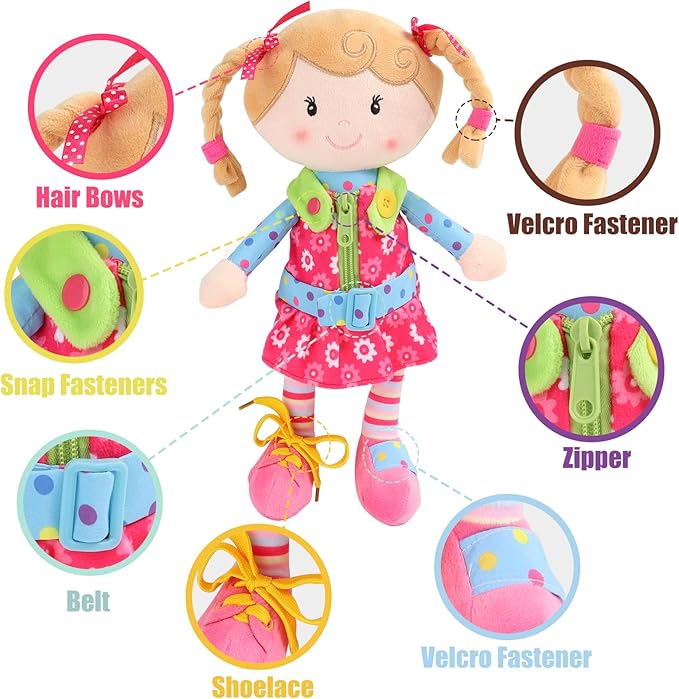 Sugar Snap Plush Doll for Toddlers Learn to Dress Montessori Toy - Dress Me Doll - Zipper, Snaps, Buttons, Buckle, Shoe Tying Practice - Educational Toy for 2 3 Year Old Girl - Montessori Doll - 15"