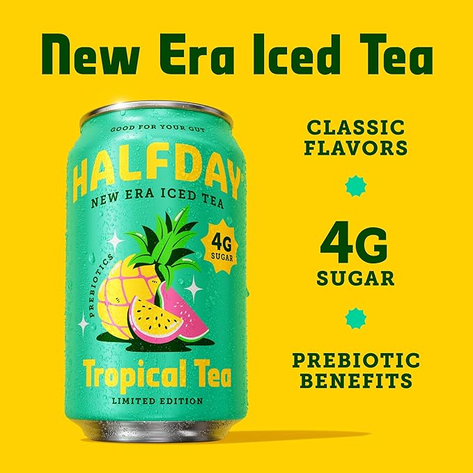 HALFDAY Prebiotic Iced Tea, Tropical Tea, Supports Digestive & Gut Health, Plant Fiber & Prebiotics, Low Sugar, 30 Calories, Natural Caffeine, Gluten Free, 12 fl oz (12 pack) Packaging May Vary
