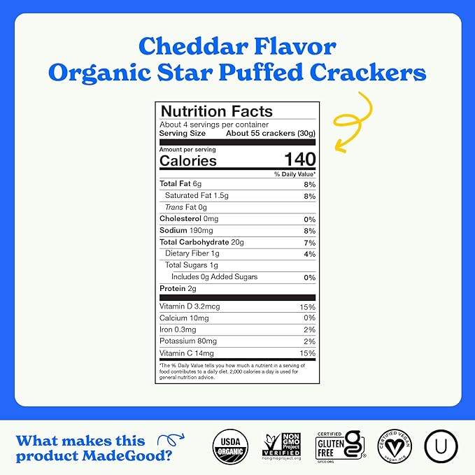 MadeGood Cheddar Star Puffed Crackers (6 Bags - 4.26 Oz Each) Gluten Free and Organic, Healthy Snacks