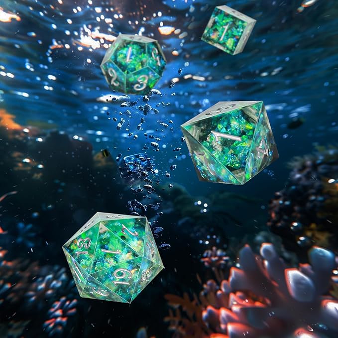OriCraft Green Magic Dice DND Dice Set Dungeons and Dragons Polyhedral Role Playing Gaming Dices Green Underwater World D20 Dices Magical World Ocean Dice Halloween Sharp Corners