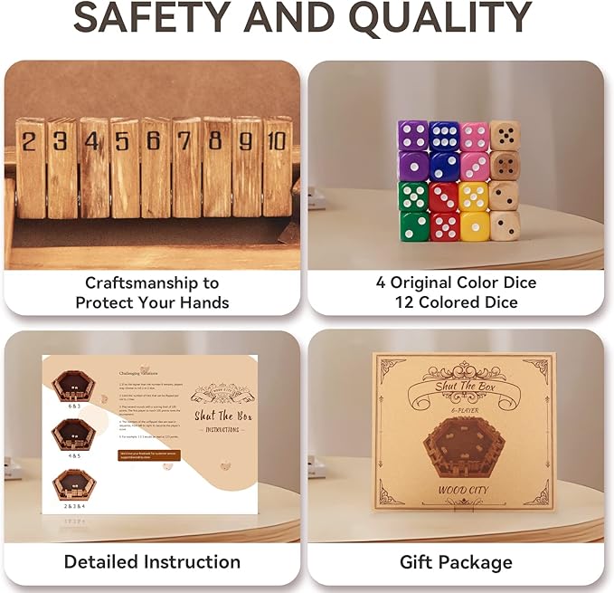 WOOD CITY Shut The Box Game Wooden for 6 Players, Close The Box Math Game for Kids Adults with 16 Dice, 6 Way Tabletop Quick Board Game for Family Friends 3+ Years Old in Classroom, Party or Pub