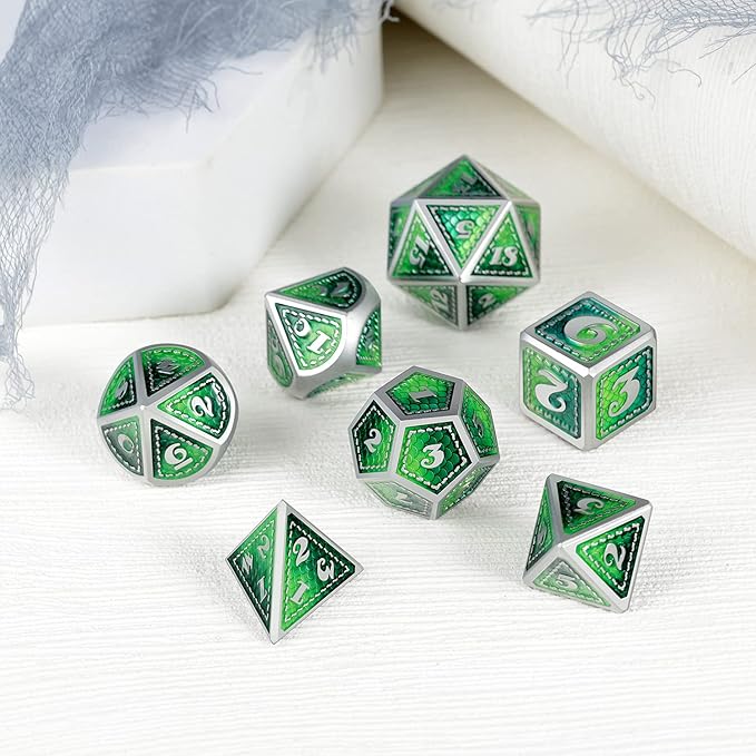 DND Metal Dice Set with Gift Metal Tin DNDND Metallic Dungeons and Dragons Dice Set for D&D Game (Neno Green & Green with Matt Silver Edge)