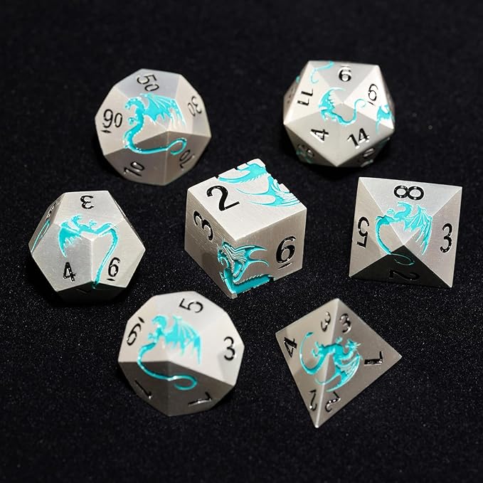 Blue Dragon Metal DND Dice Set,HNCCESG Cool D&D Dice Set of 7 Piece,Dungeons and Dragon Gift Dice, Role Playing Dice for D&D Table Games((Matte Silver Blue2 Dragon)