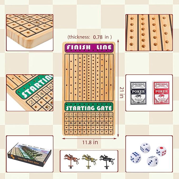 21 in Horse Race Board Game Racing Game Thickened Solid Wood with 11 Metal Horses, 2 Cards & 4 Dice, Horse Racing Game for 2-6 Players