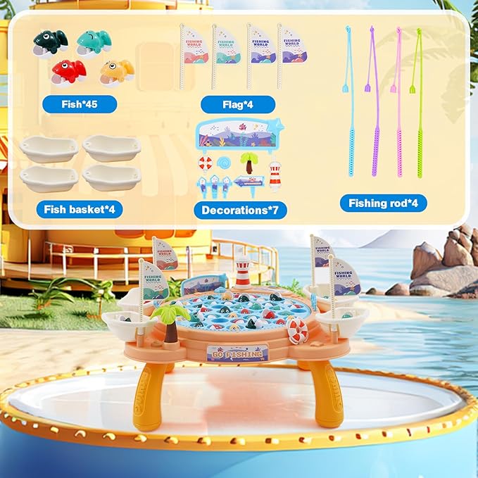 Ark miido Fishing Game Toy Set - 45 Fish, 4 Poles, Rotating Board with Legs On-Off Music Switch Family Board Game Multiplayer Game Toy for Kids Boys and Girls Age 3+