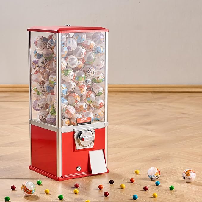 VEVOR Gumball Machine for Kids, 25" Height Home Vending Machine, PS Bouncy Balls Dispenser, Hold 230 Capsule Toys, Rectangle Bubble Gum Machine for Game Stores, Coin Operated Gumball Bank, Red