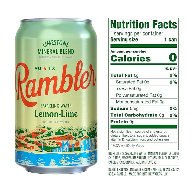 AUTX RAMBLER Sparkling Water, Texas Limestone Mineral Blend, Lemon-Lime Flavor, 12-Ounce Cans, 12-Pack