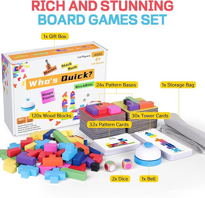 Wooden Block Game 120Pcs Fast-Paced Stacking Building Block Game Challenging Board Games for Kids 1 to 6 Players Color Block Puzzles Party Games for Ages 4+