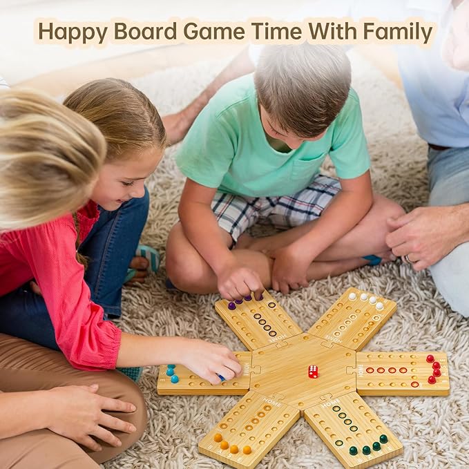 Wooden Marble Board Game for 2-6 Players, Portable Fast Track Board Game with 24 Marbles and 6 Dice for Family Friends, Party Game Night