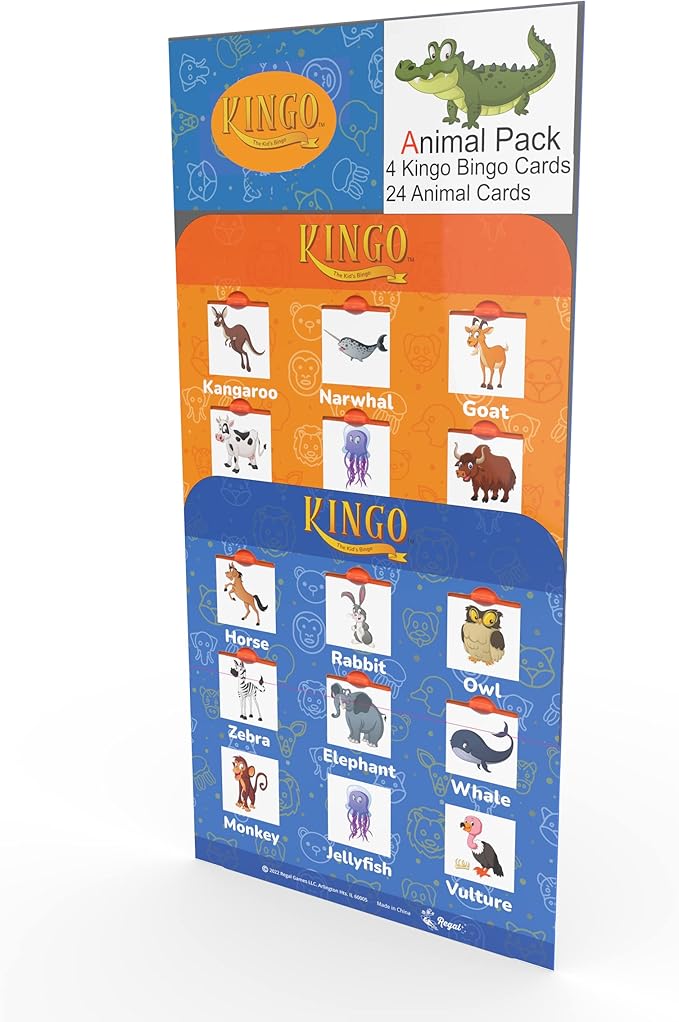 Regal Games Kingo Animals Edition Bingo Set - Fun Educational Word Games for Preschool & Kindergarten Kids - Learning Games for Family & Classroom - Vocabulary Builder, Phonics & Sight Word Games