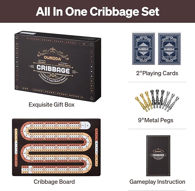 Wooden Magnetic Cribbage Board Game| Travel 3-Track Scoreboard Set| 2 Playing Cards| 9 Metal Pegs| Compact Size for Travelling Game Night (Instruction Included)