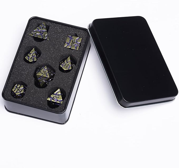 Dice Set D&D Metal,DND Metallic Glitter Crack Dice with Gift Box for RPG Board Games (Greenish Yellow Color + Purple)