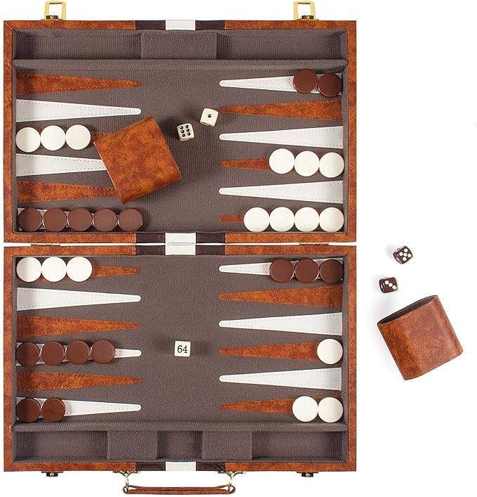 AMEROUS Backgammon Set, 15 Inches Classic Board Game with Leather Case, Folding Board, Gift Package, Portable Travel Strategy Backgammon Game Set for Adults, Kids (Medium, Brown)