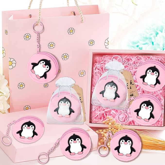 15 Pack Penguin Mini Coin Purses with Keyring for Penguin Winter Themed Party,Goodie Stuffer,Present for Friends,Guest Return Gift, Baby Shower,Birthday Party,Pink