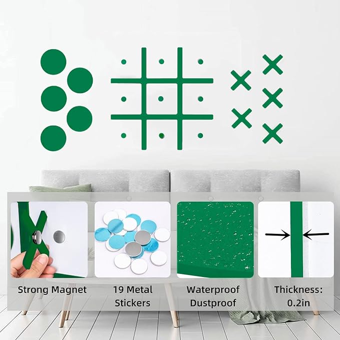 Magnetic Tic Tac Toe Wall-Mount Game,Game Room Decor,Playroom Decor,Hallway Decor, Modern Wall Decals for Kids Room,Classroom&Offices,Best Gift for Family, Friends (Green)