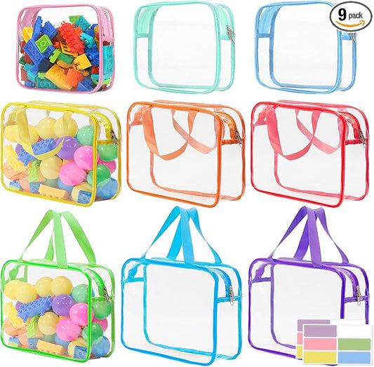 9 Pcs Toy Storage Bags, Clear PVC Toy Organizer Bag Include 6Pcs Large Handheld and 3Pcs Medium Zipper Bags with Labels for Organizing Board Game, Building Blocks (Colorful)
