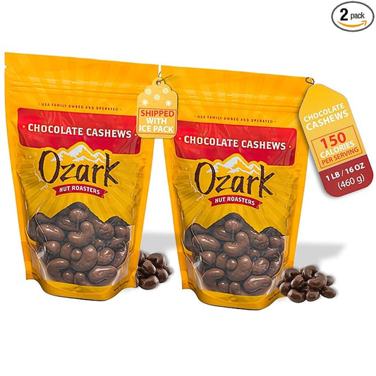 OZARK NUT ROASTERS, Chocolate Covered Cashews, Premium Chocolate Flavored Snacks, World-Class Gourmet Candied Nuts, Resealable Pack of 2 (16.0 oz)